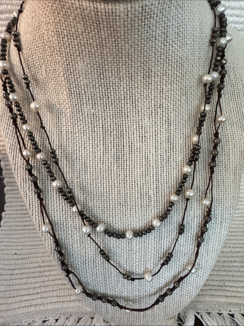 Multi-Strand Pearl and Hematite Bead Necklace - White Pearls on Brown Cord